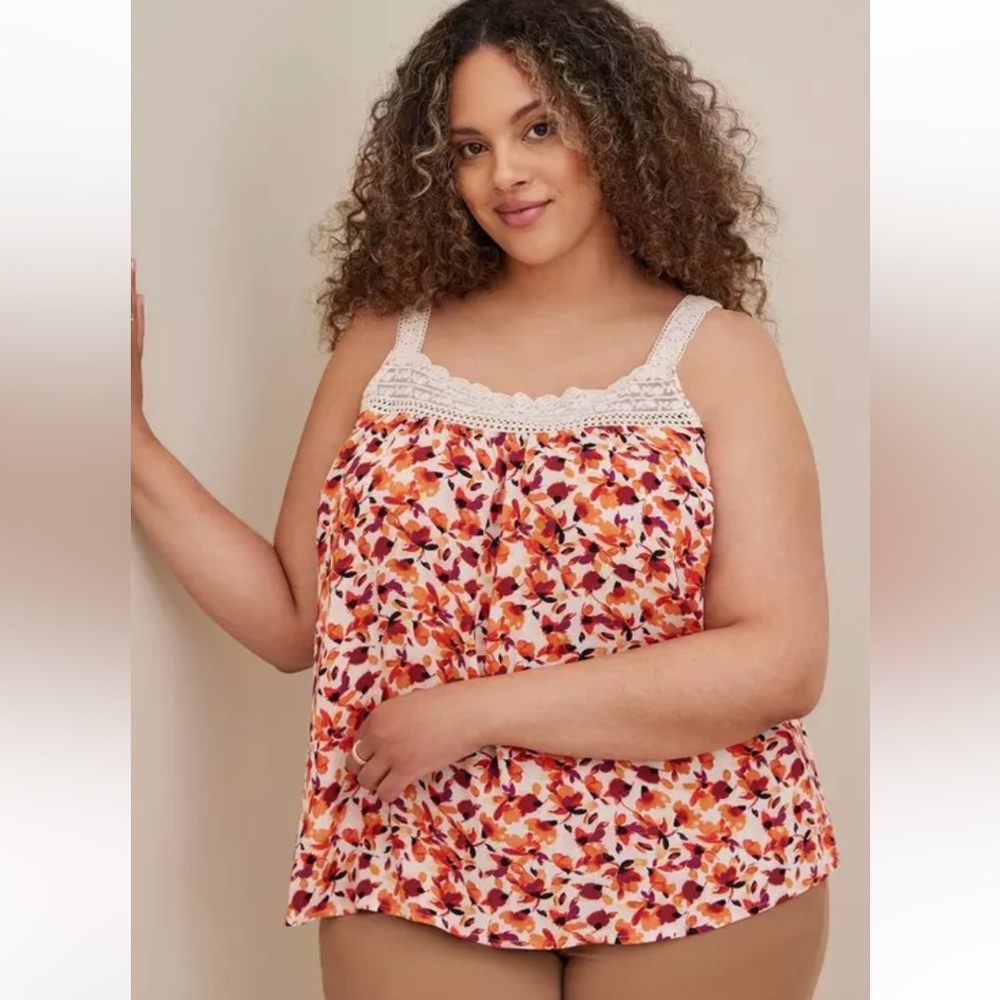 Torrid Floral Lace Gauze Crochet Detail Adjustable Straps Tank Size 1X